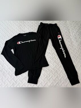 Champion Black White Logo Long Sleeve Shirt & Pants Loungewear Set Men Small